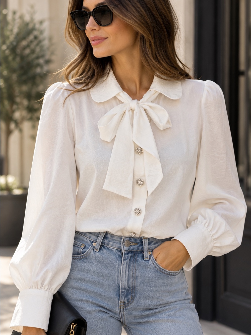 Zara Ecru Pearl Button Bow Tie Blouse Long Sleeve Sz M